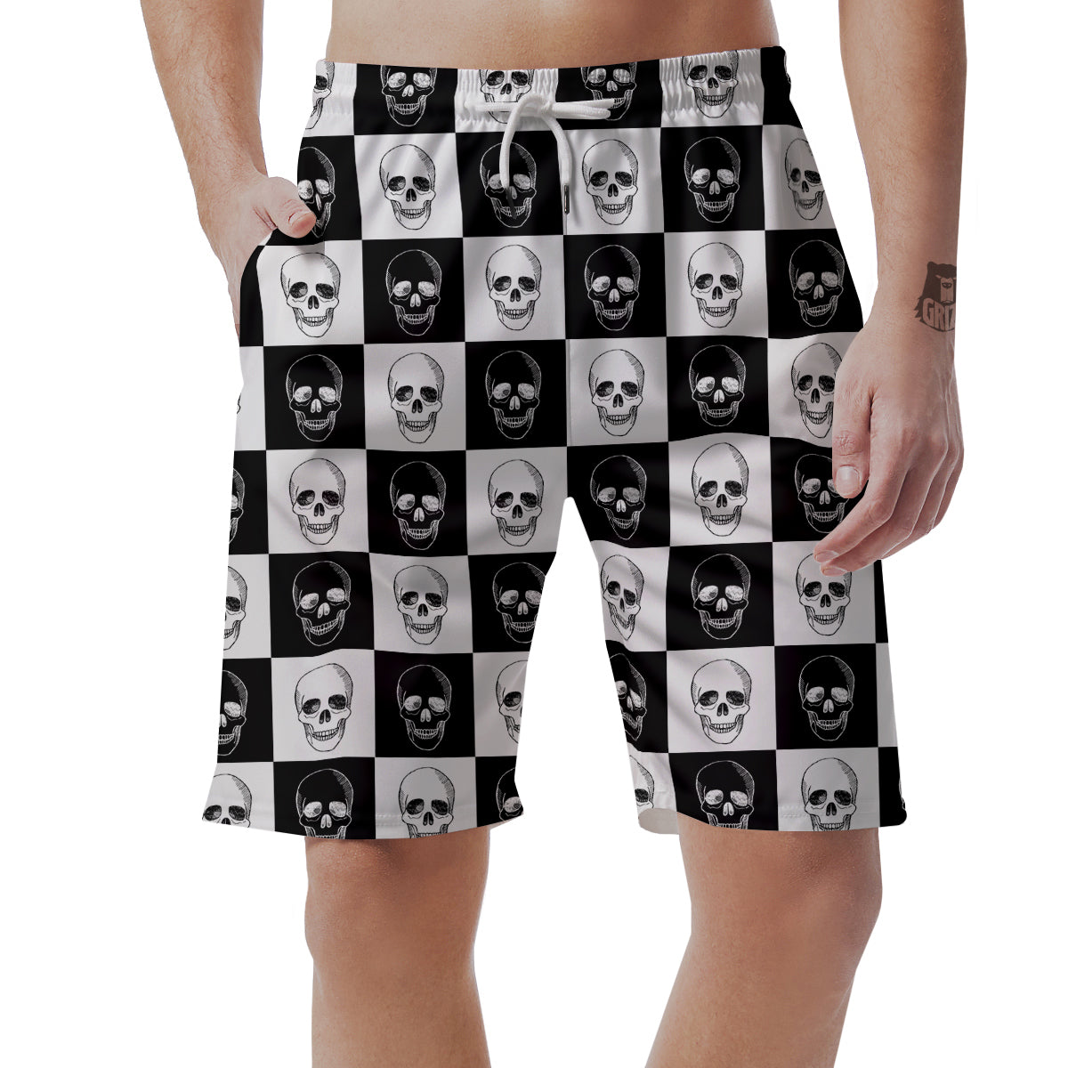 Skull Checkered Print Pattern Men's Shorts-grizzshop