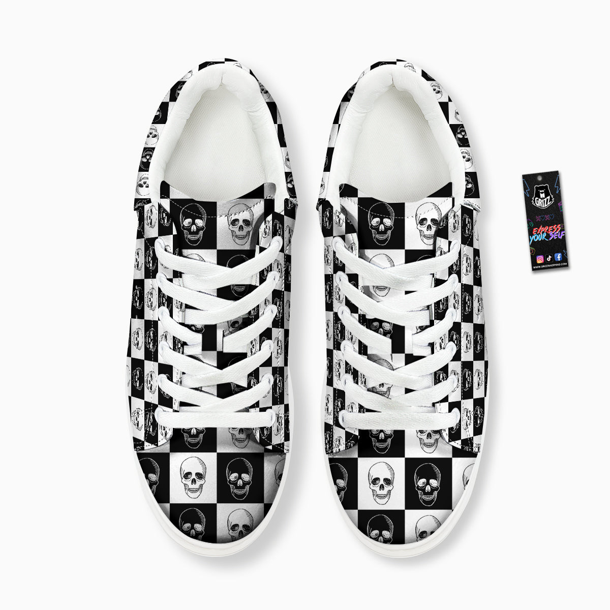 Skull Checkered Print Pattern Platform Shoes-grizzshop