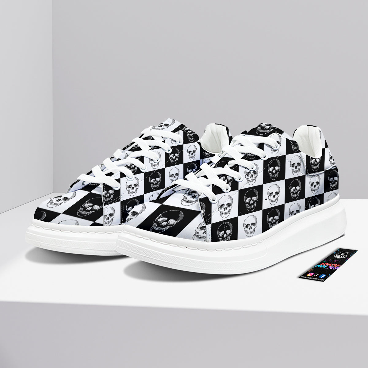 Skull Checkered Print Pattern Platform Shoes-grizzshop