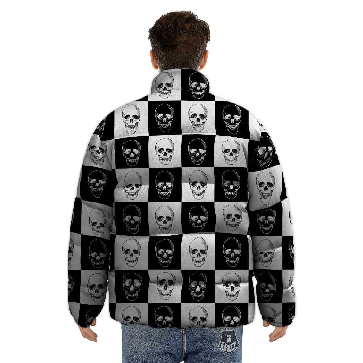 Skull Checkered Print Pattern Puffer Jacket-grizzshop