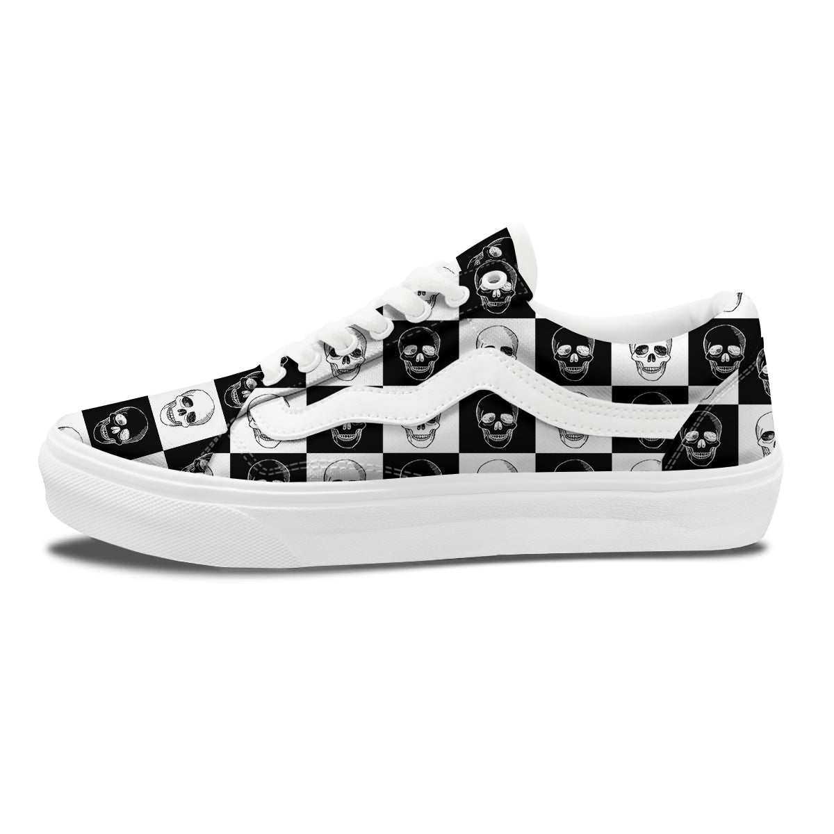 Skull Checkered Print Pattern Skate Shoes-grizzshop