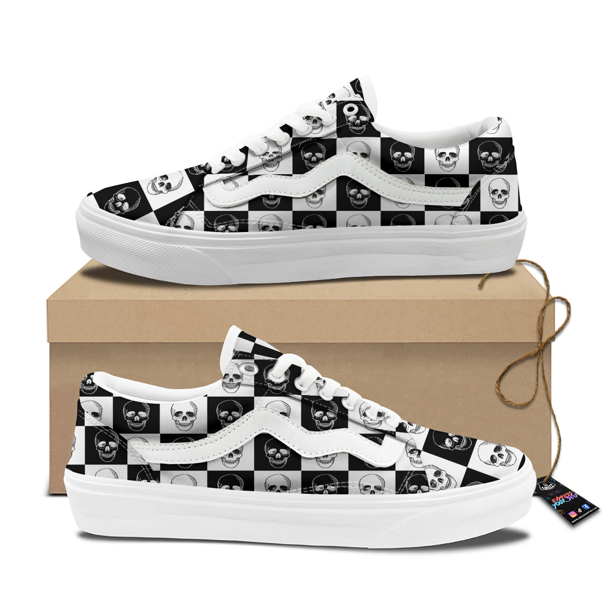 Skull Checkered Print Pattern Skate Shoes-grizzshop