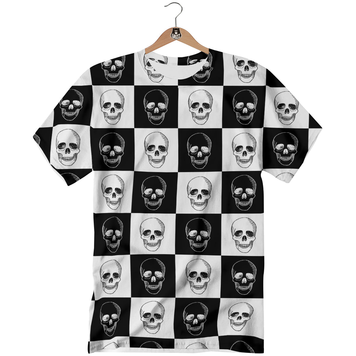 Skull Checkered Print Pattern T-Shirt-grizzshop