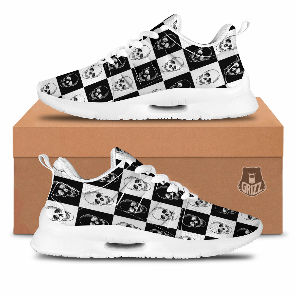 Skull Checkered Print Pattern Tennis Shoes-grizzshop