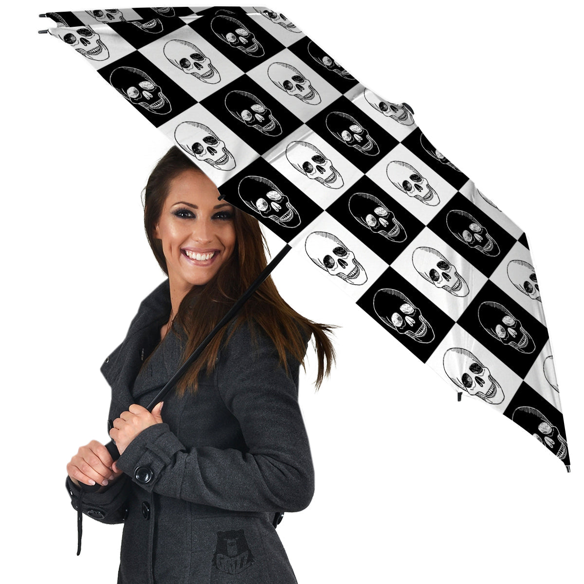Skull Checkered Print Pattern Umbrella-grizzshop