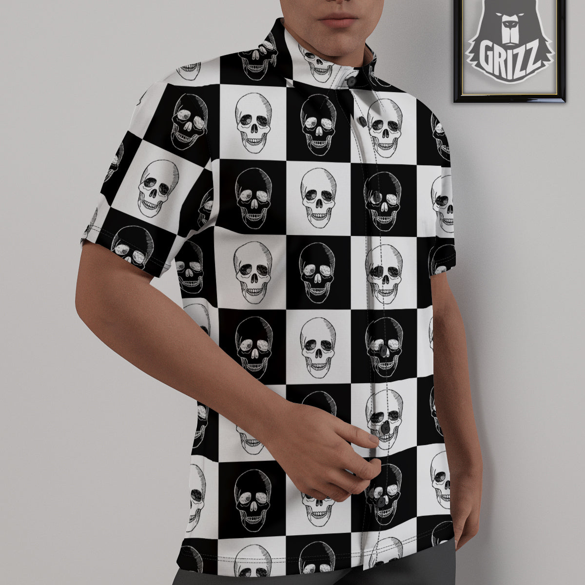 Skull Checkered Print Pattern Untucked Shirts-grizzshop
