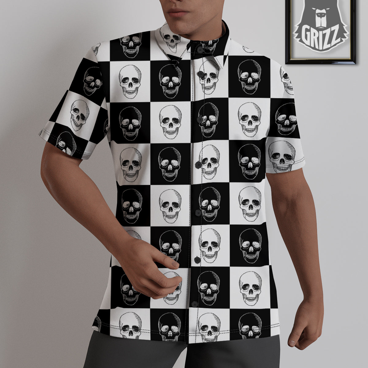 Skull Checkered Print Pattern Untucked Shirts-grizzshop