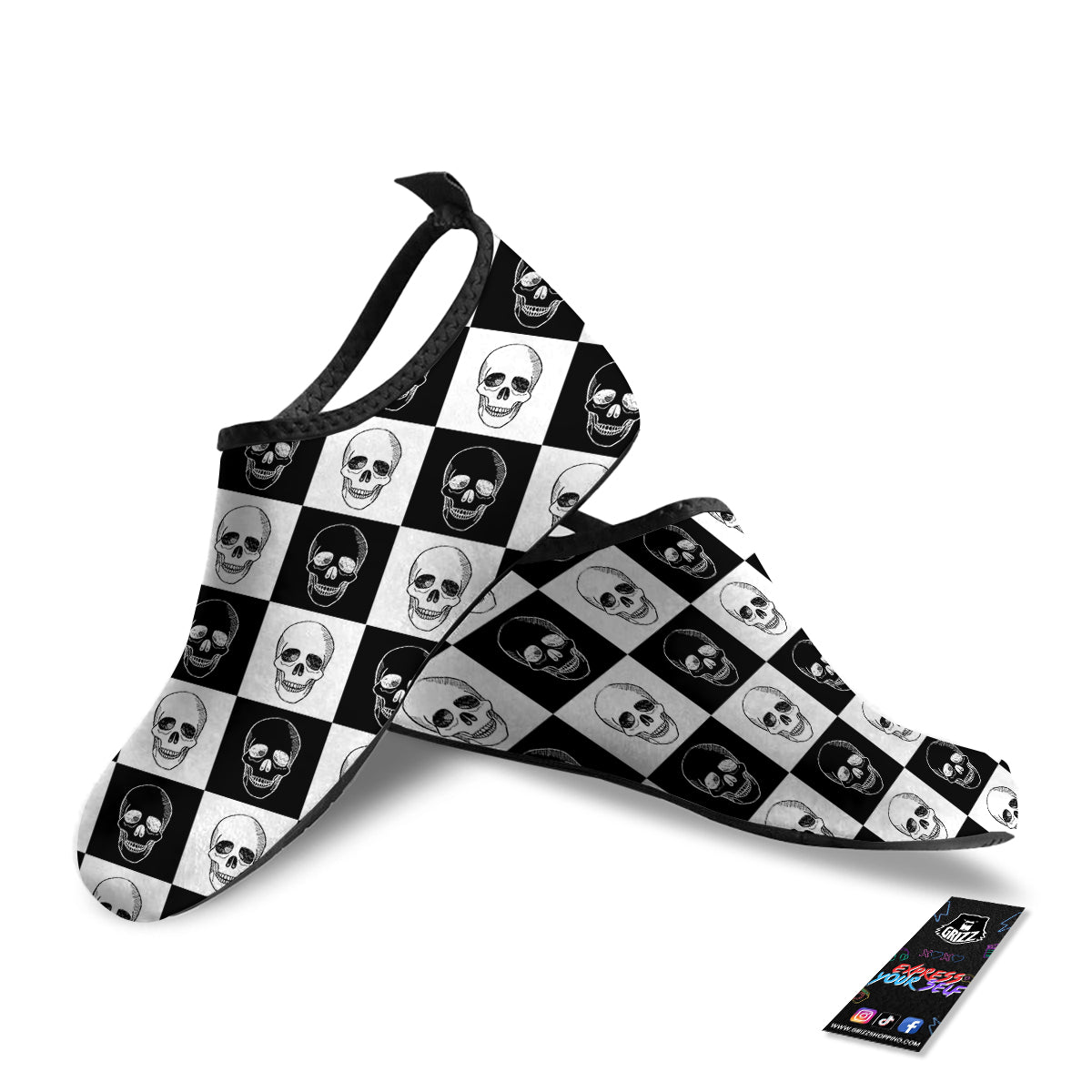 Skull Checkered Print Pattern Water Shoes-grizzshop