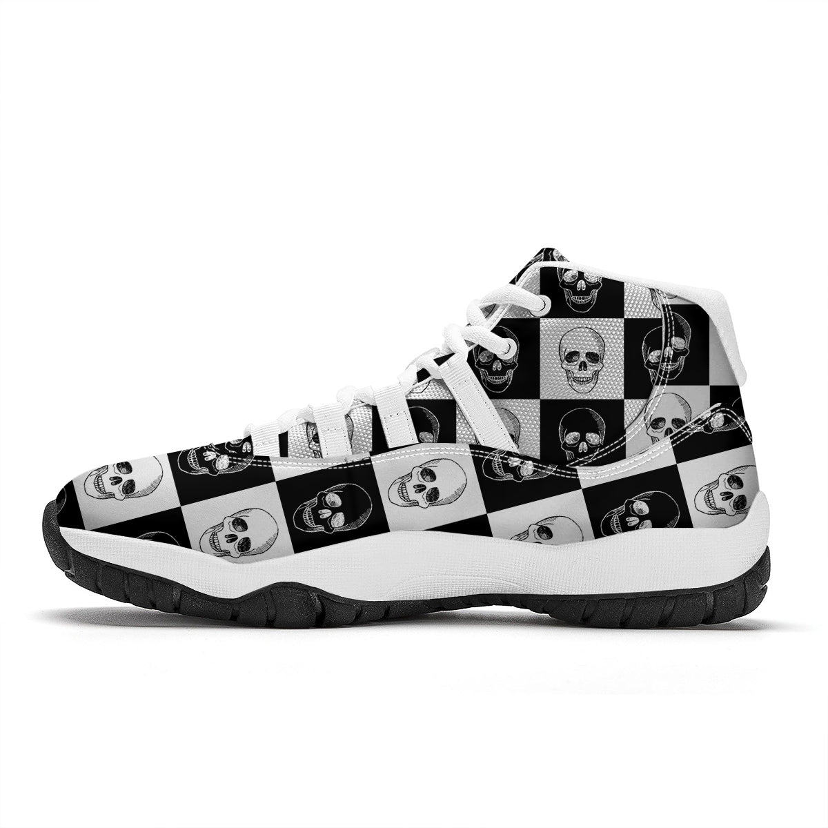 Skull Checkered Print Pattern White Bball Shoes-grizzshop