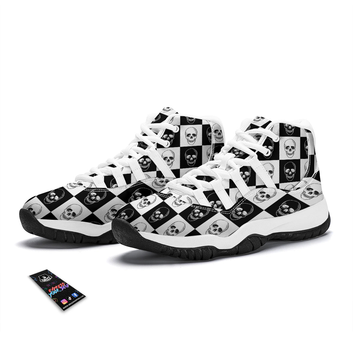 Skull Checkered Print Pattern White Bball Shoes-grizzshop