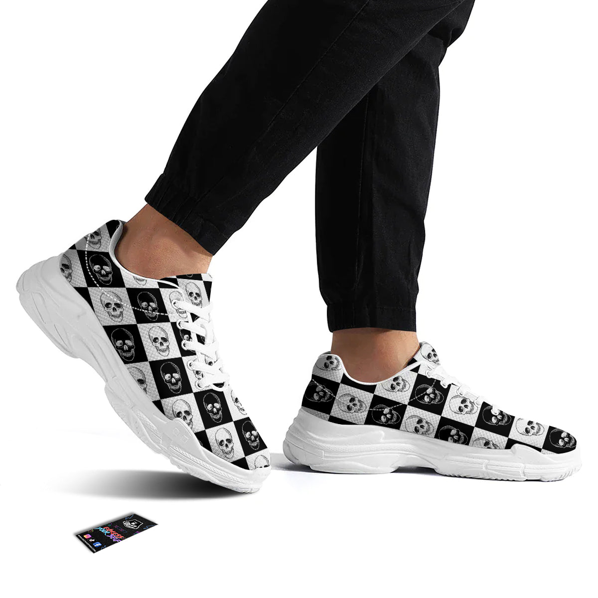 Skull Checkered Print Pattern White Chunky Shoes-grizzshop