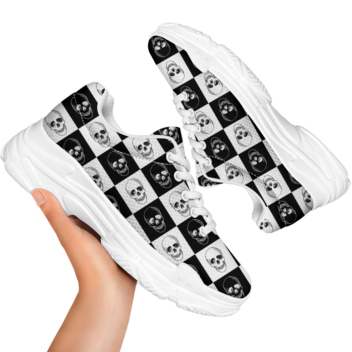 Skull Checkered Print Pattern White Chunky Shoes-grizzshop