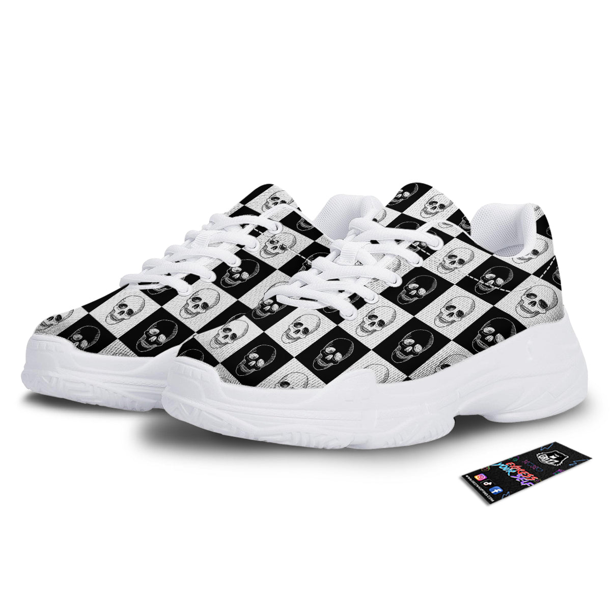 Skull Checkered Print Pattern White Chunky Shoes-grizzshop