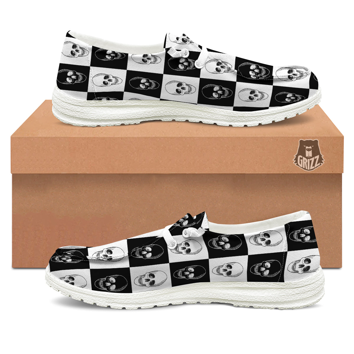 Skull Checkered Print Pattern White Loafers-grizzshop