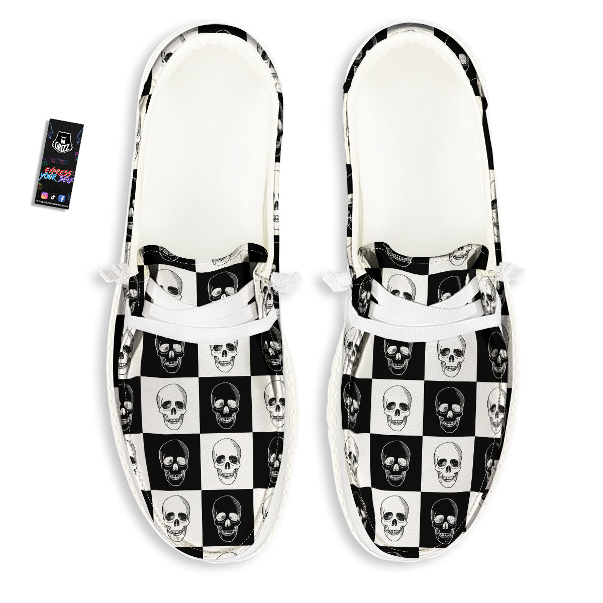 Skull Checkered Print Pattern White Loafers-grizzshop