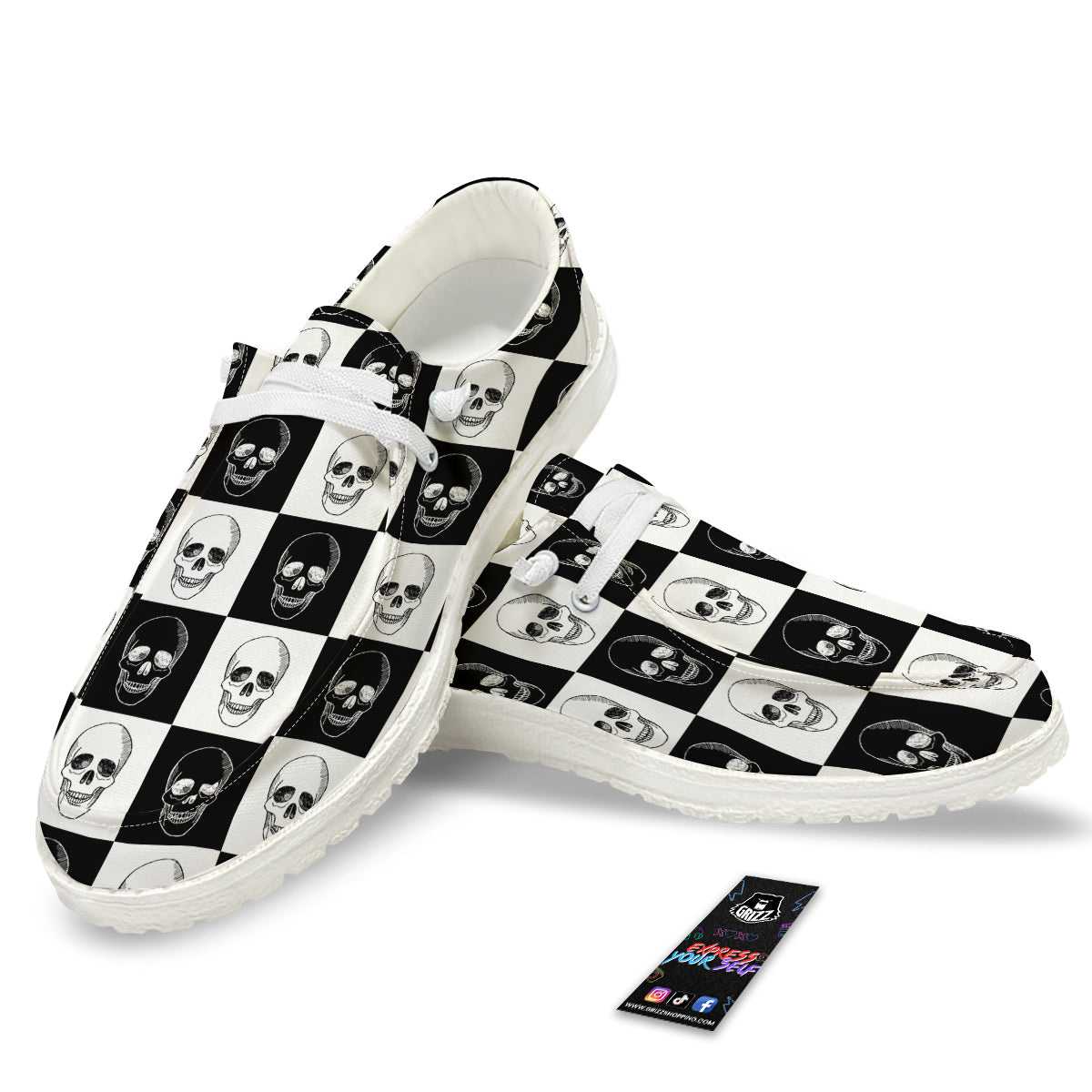 Skull Checkered Print Pattern White Loafers-grizzshop