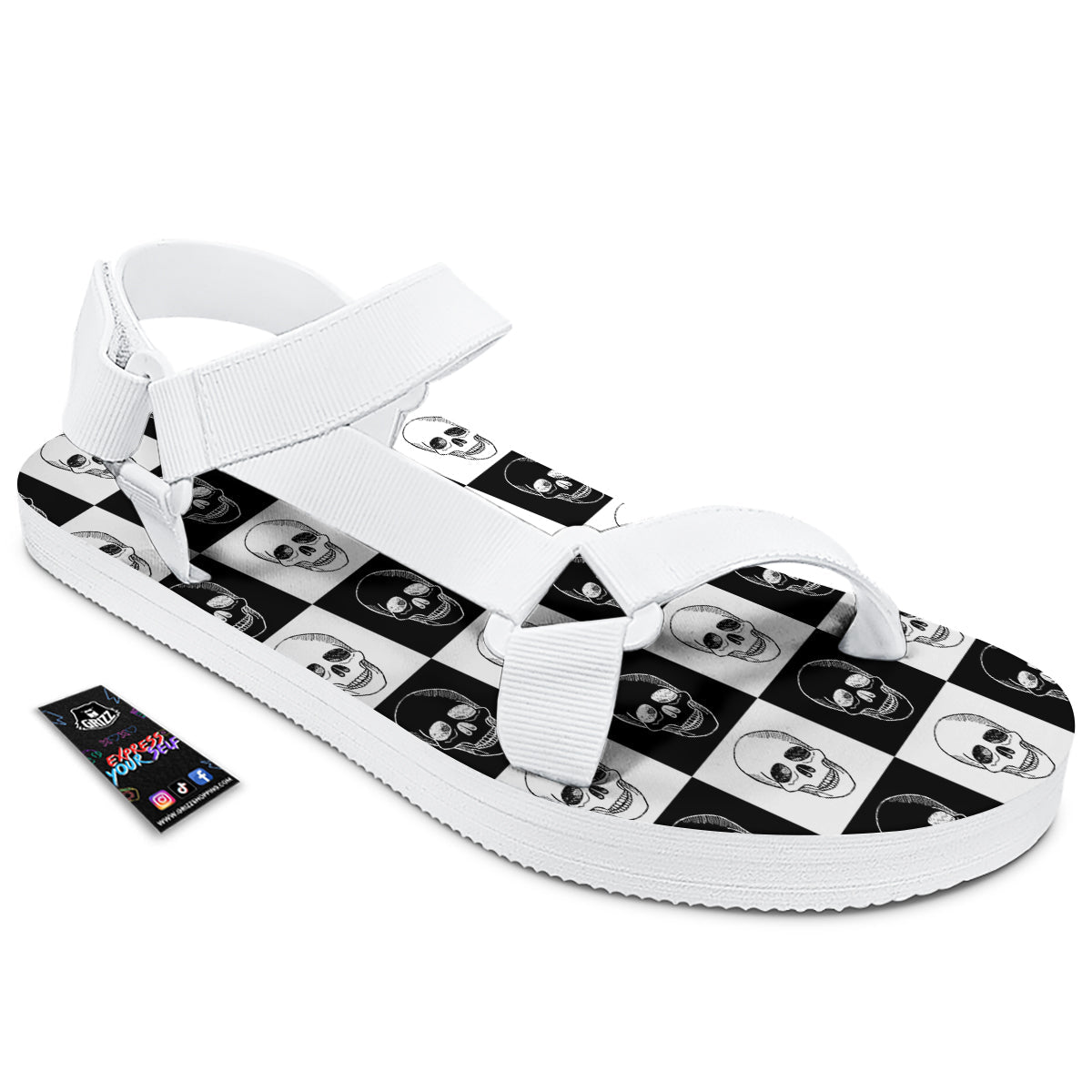 Skull Checkered Print Pattern White Open Toe Sandals-grizzshop