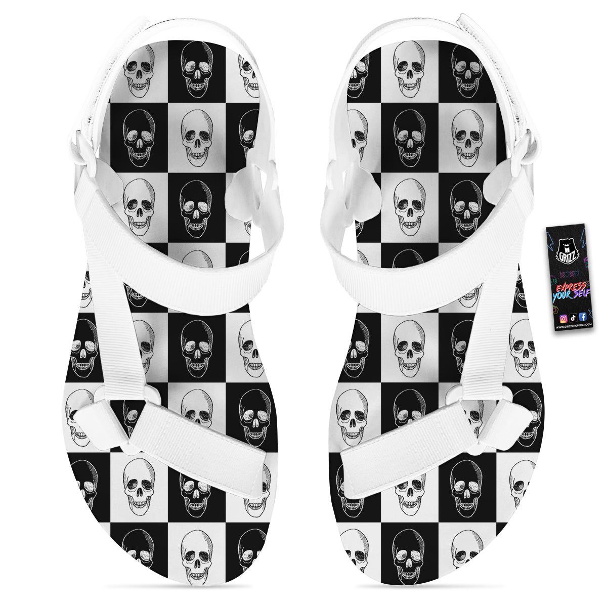 Skull Checkered Print Pattern White Open Toe Sandals-grizzshop