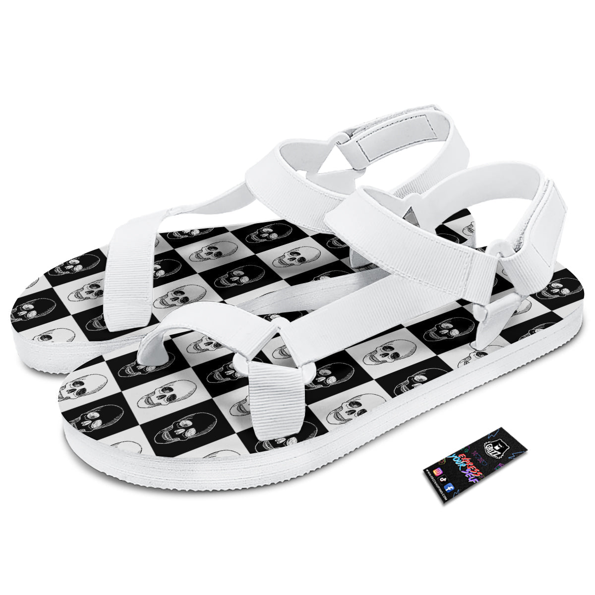 Skull Checkered Print Pattern White Open Toe Sandals-grizzshop
