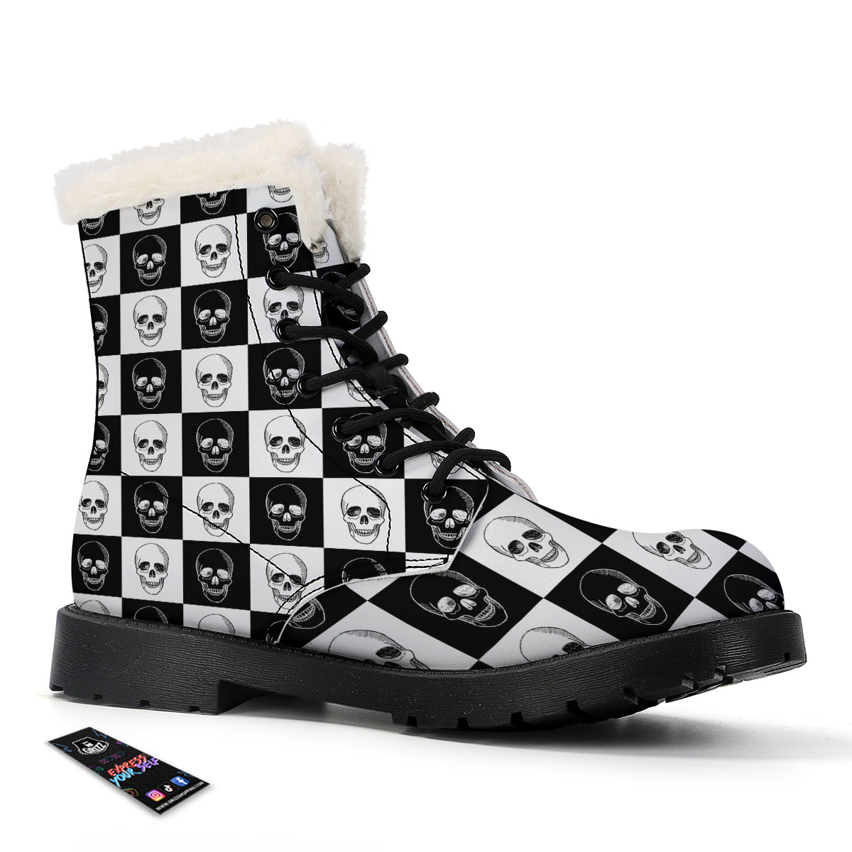 Skull Checkered Print Pattern Winter Boots-grizzshop