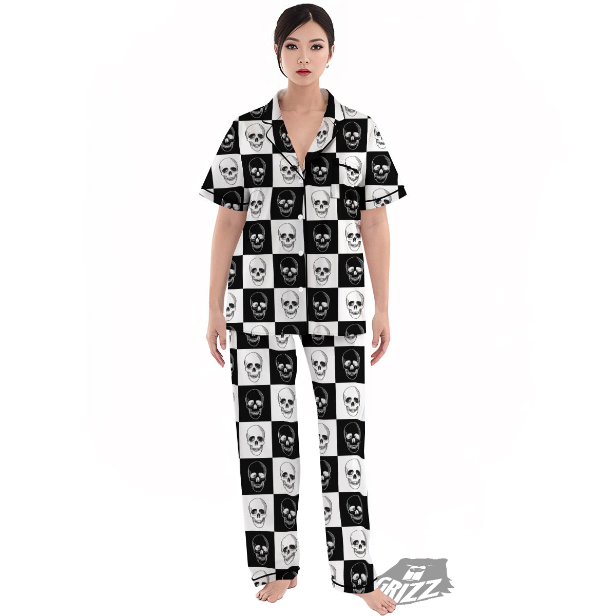 Skull Checkered Print Pattern Women's Pajamas Set-grizzshop