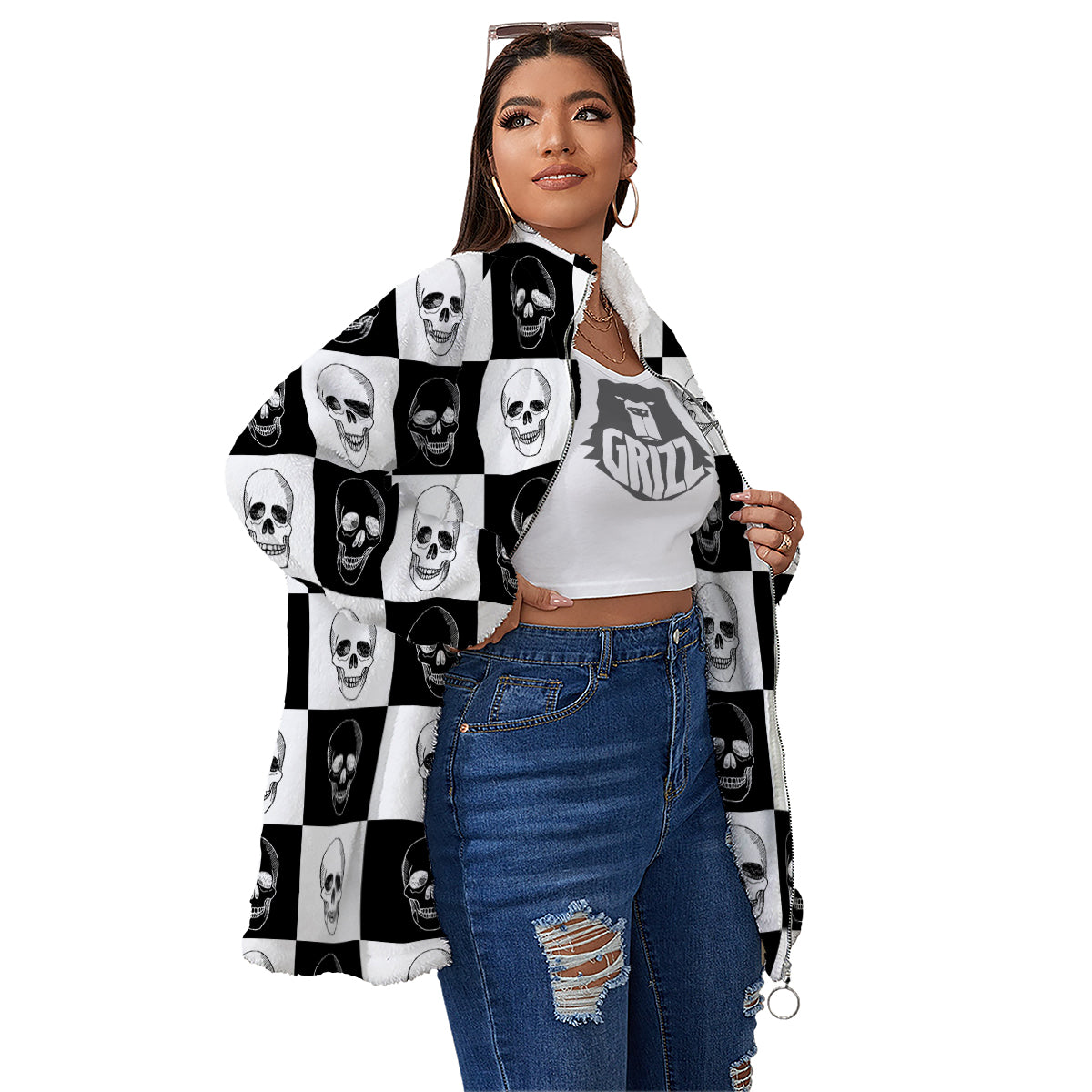 Skull Checkered Print Pattern Women's Sherpa Jacket-grizzshop