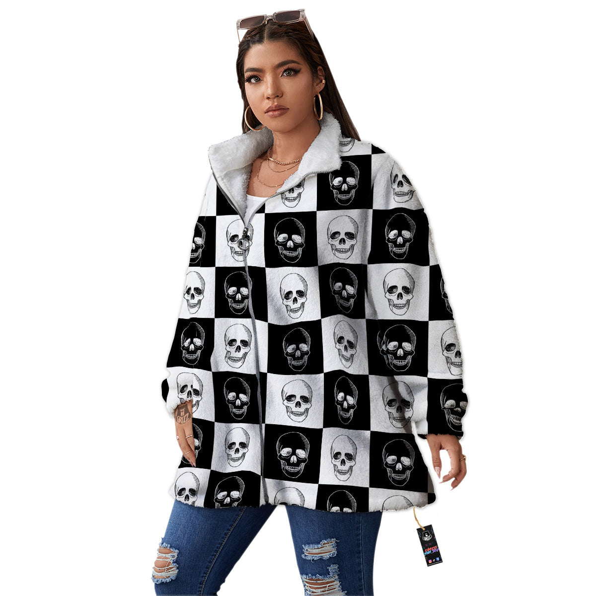 Skull Checkered Print Pattern Women's Sherpa Jacket-grizzshop