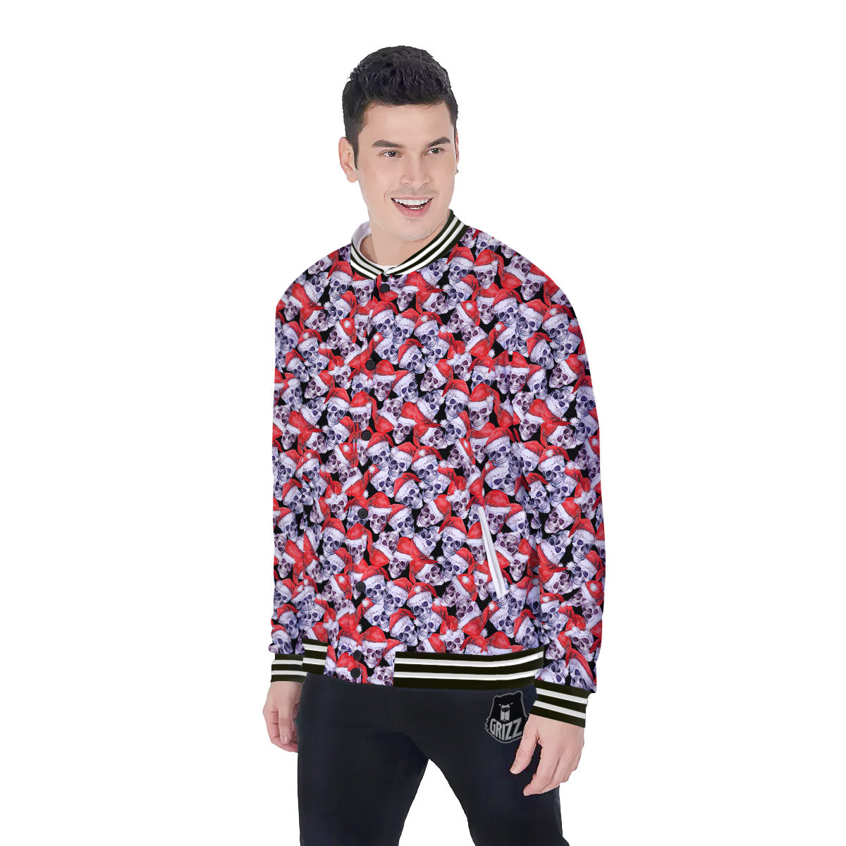 Skull Christmas Santa Print Pattern Baseball Jacket-grizzshop