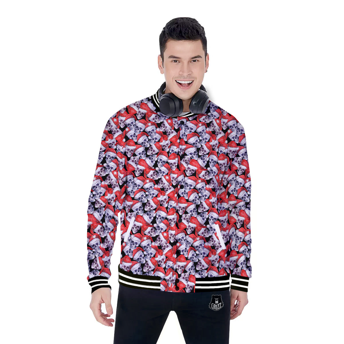 Skull Christmas Santa Print Pattern Baseball Jacket-grizzshop