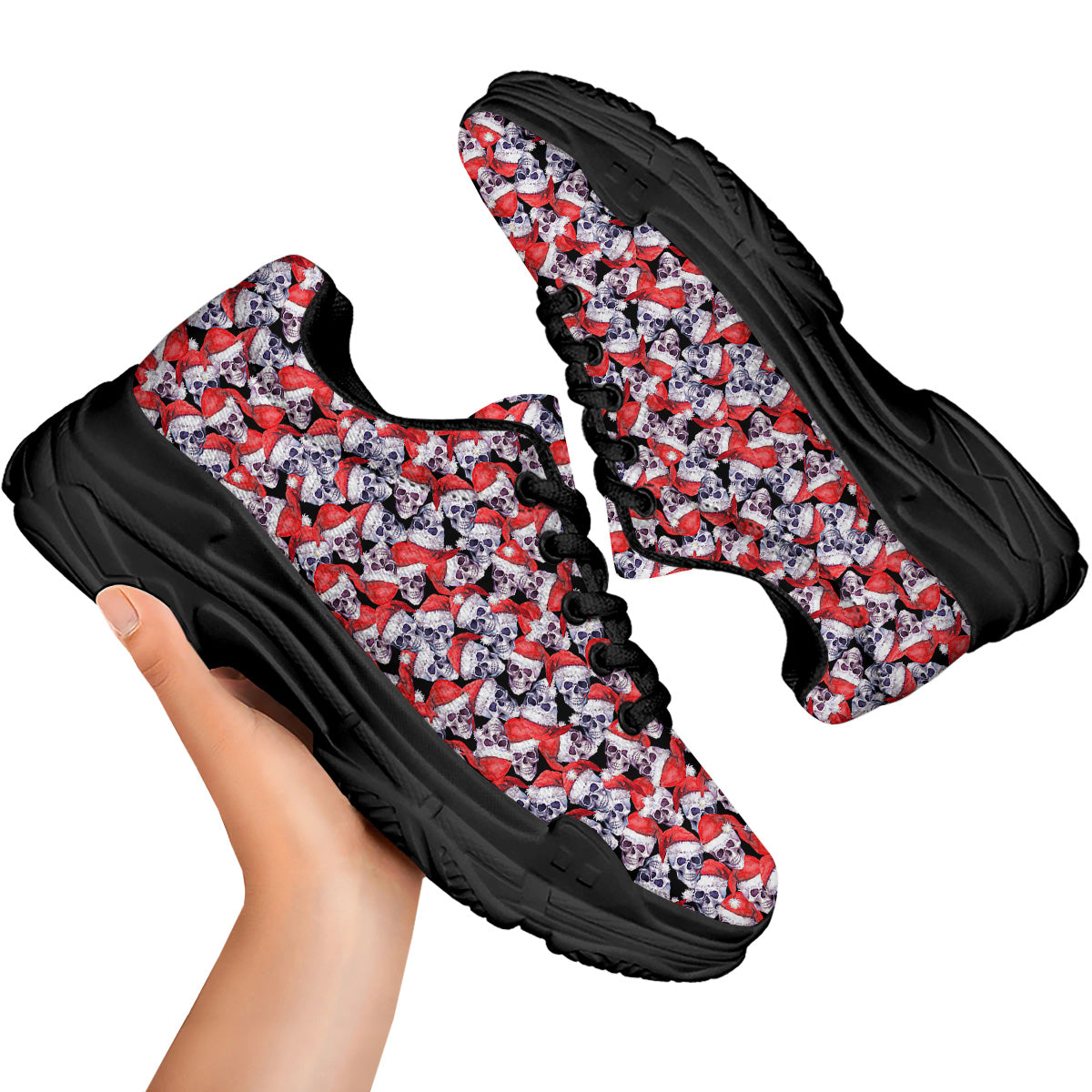 Skull Christmas Santa Print Pattern Black Chunky Shoes-grizzshop