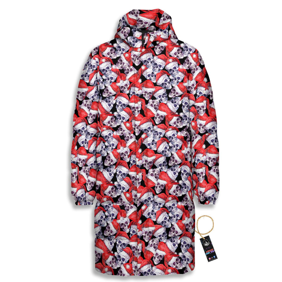 Skull Christmas Santa Print Pattern Long Down Jacket-grizzshop