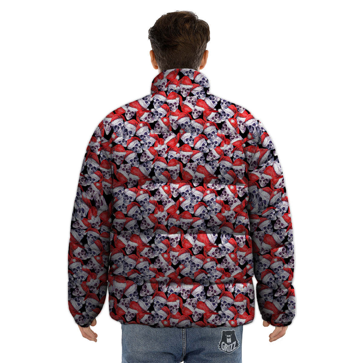 Skull Christmas Santa Print Pattern Puffer Jacket-grizzshop