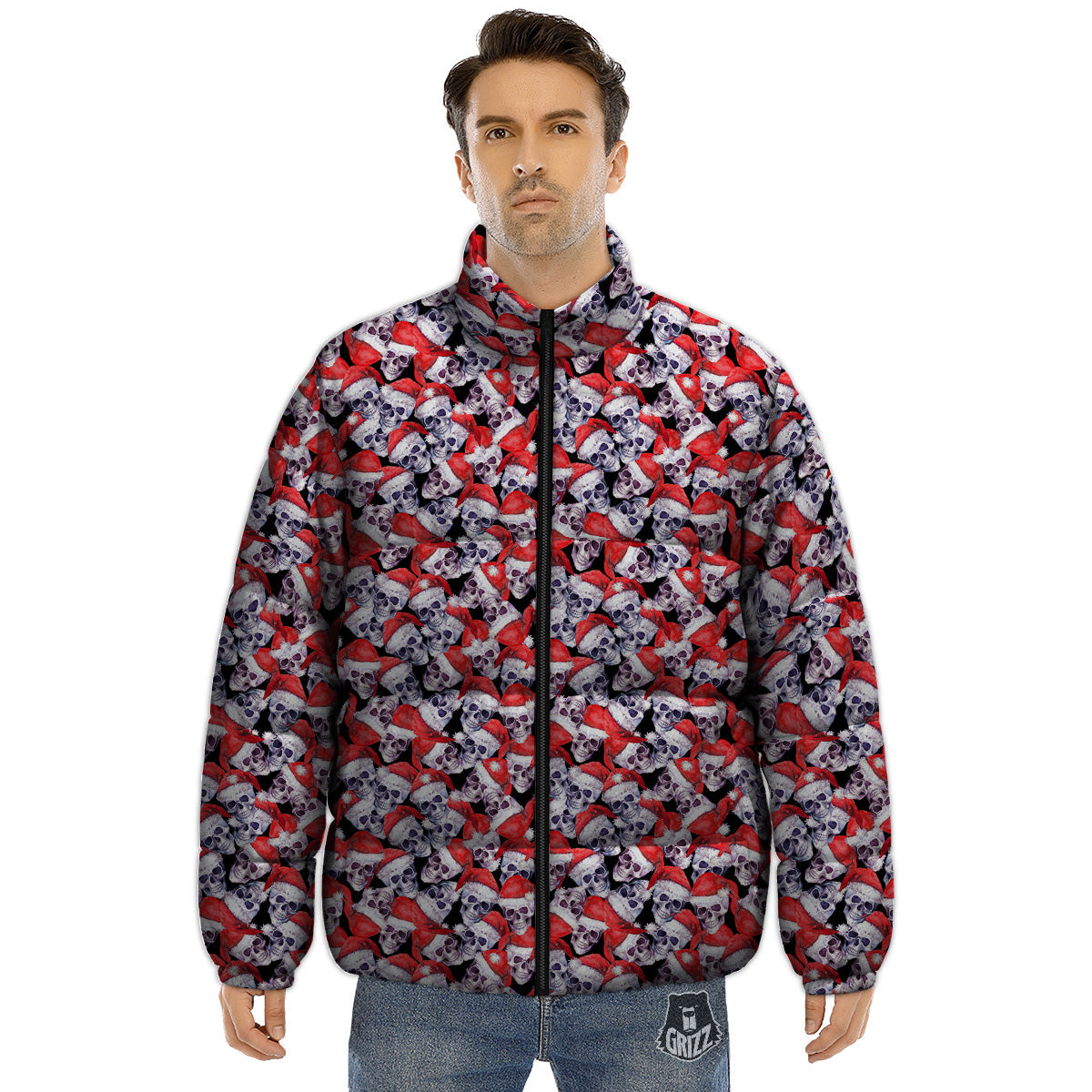 Skull Christmas Santa Print Pattern Puffer Jacket-grizzshop