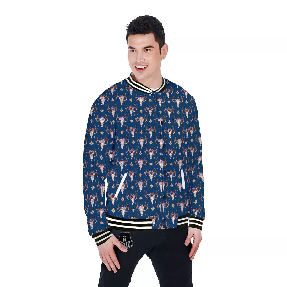 Skull Deer Boho Print Pattern Baseball Jacket-grizzshop