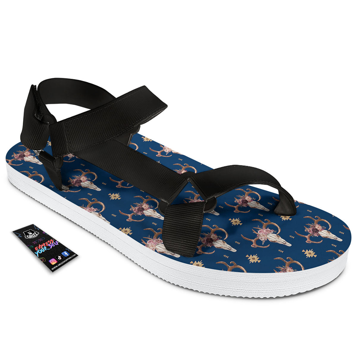 Skull Deer Boho Print Pattern Black Open Toe Sandals-grizzshop
