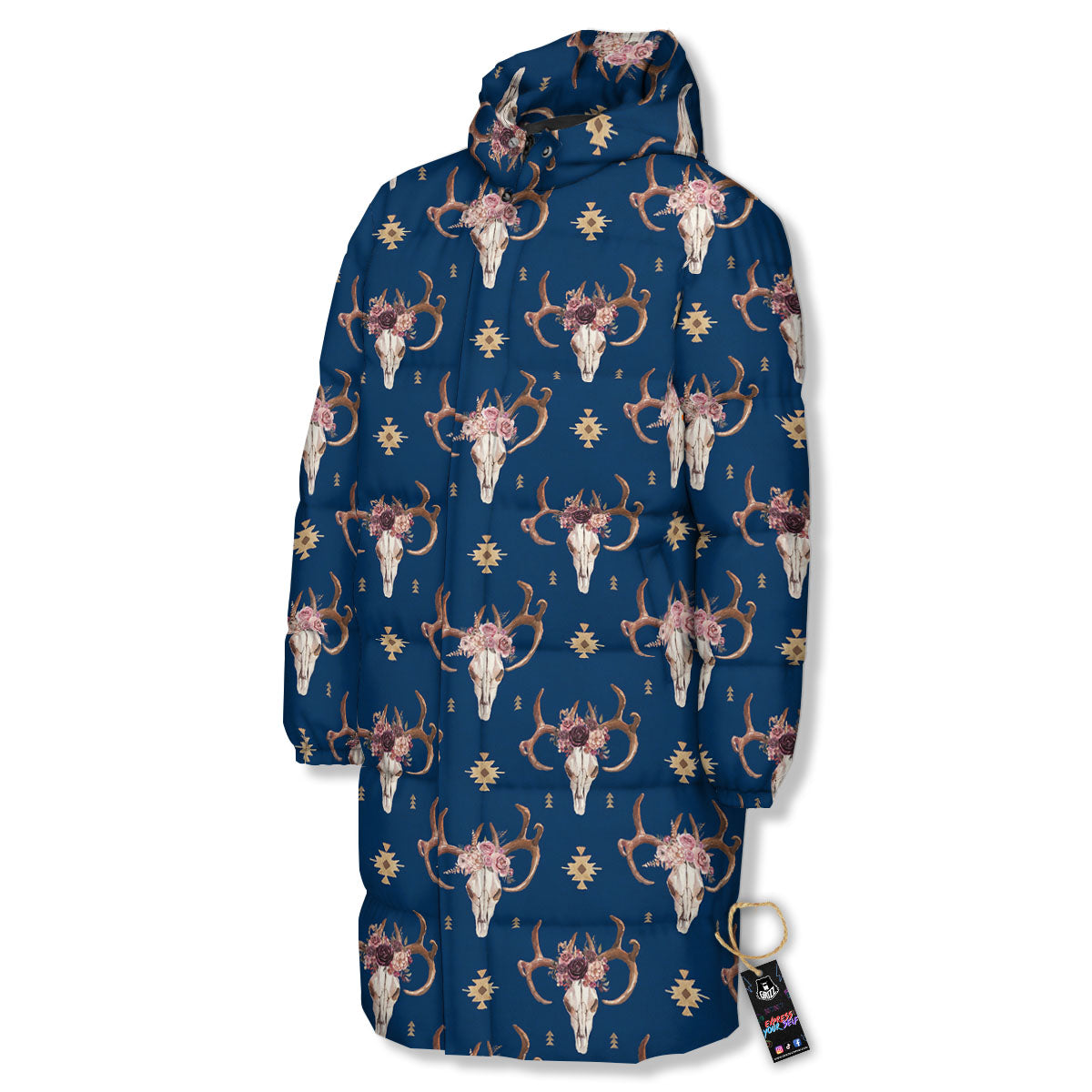Skull Deer Boho Print Pattern Long Down Jacket-grizzshop