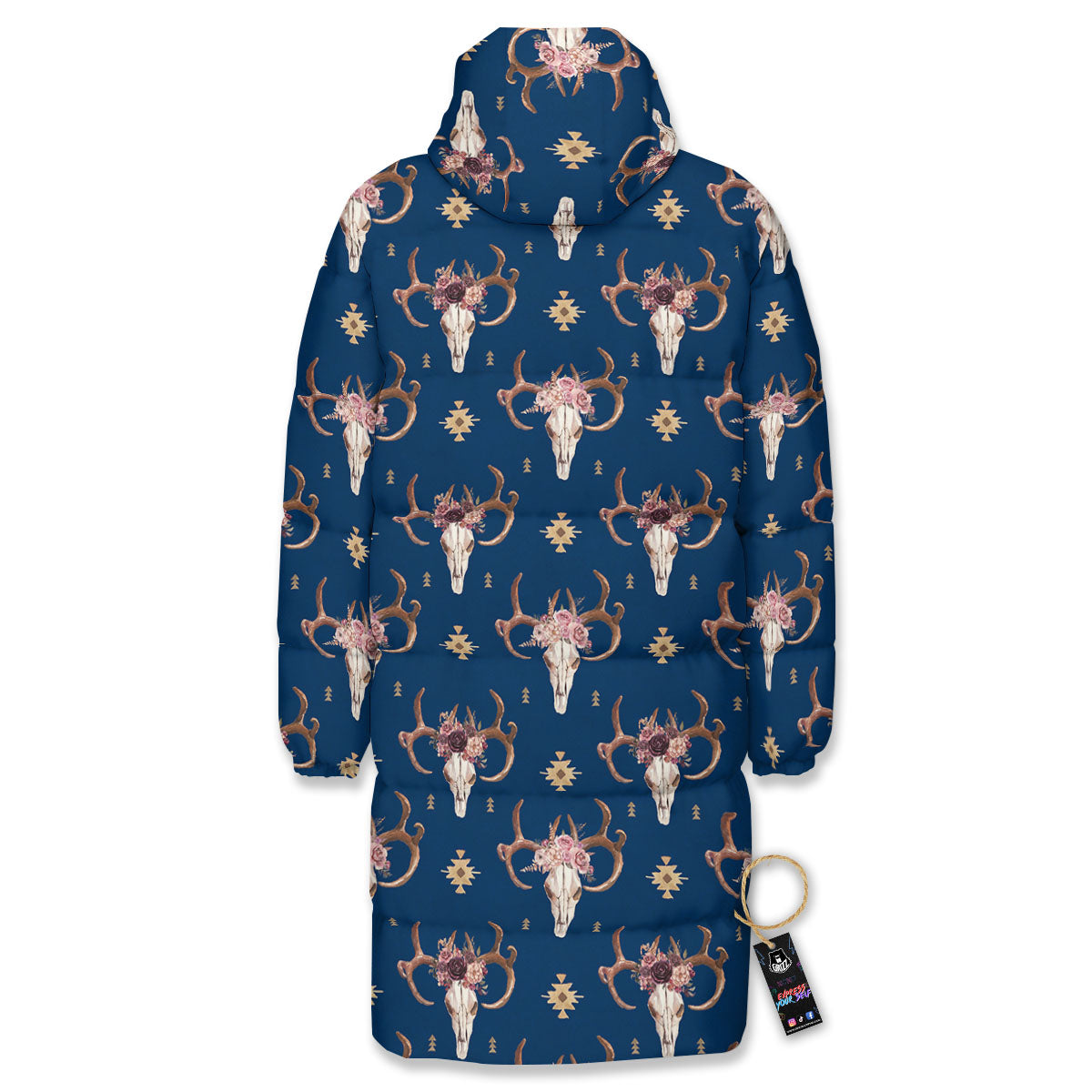 Skull Deer Boho Print Pattern Long Down Jacket-grizzshop
