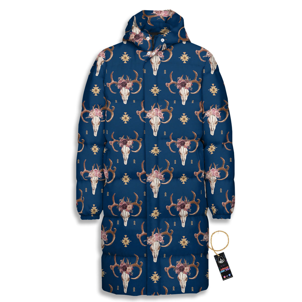 Skull Deer Boho Print Pattern Long Down Jacket-grizzshop