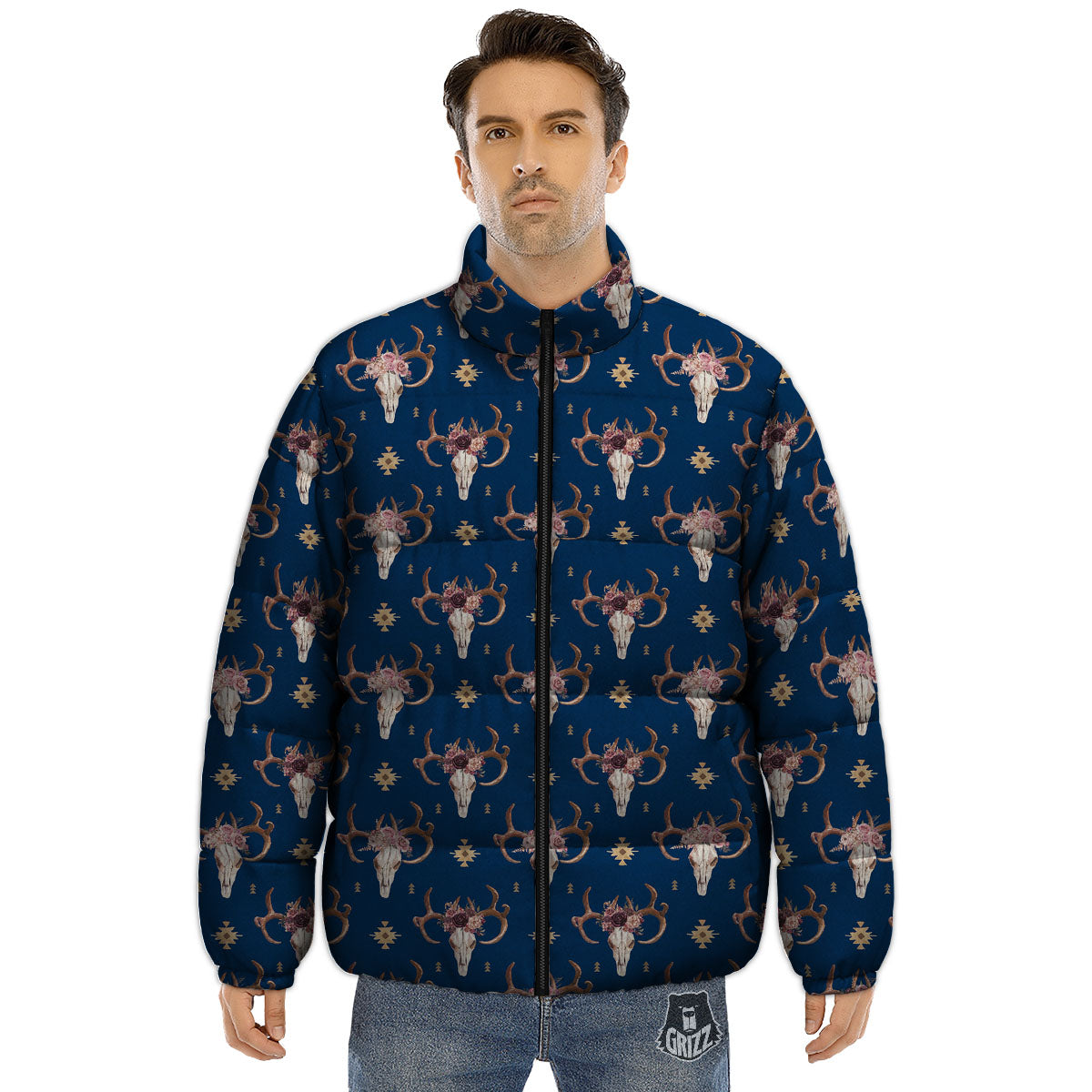 Skull Deer Boho Print Pattern Puffer Jacket-grizzshop