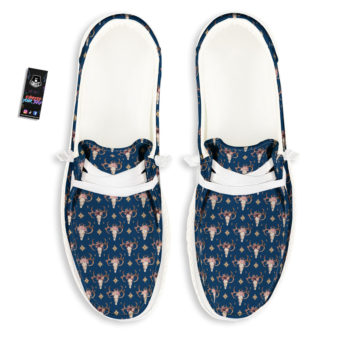 Skull Deer Boho Print Pattern White Loafers-grizzshop