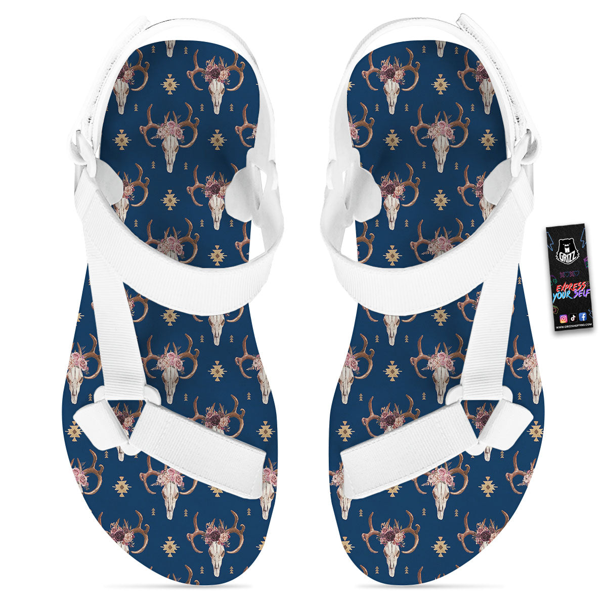 Skull Deer Boho Print Pattern White Open Toe Sandals-grizzshop