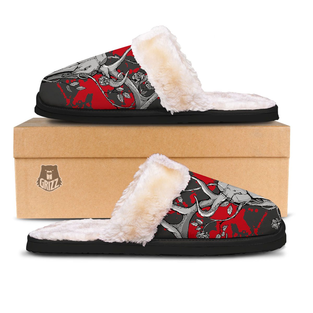 Skull Deer Vintage Print Slippers-grizzshop