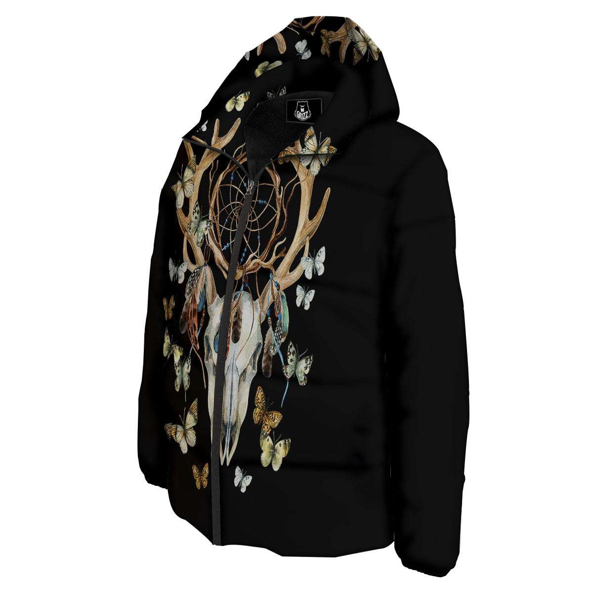 Skull Dreamcatcher Deer Print Down Jacket-grizzshop