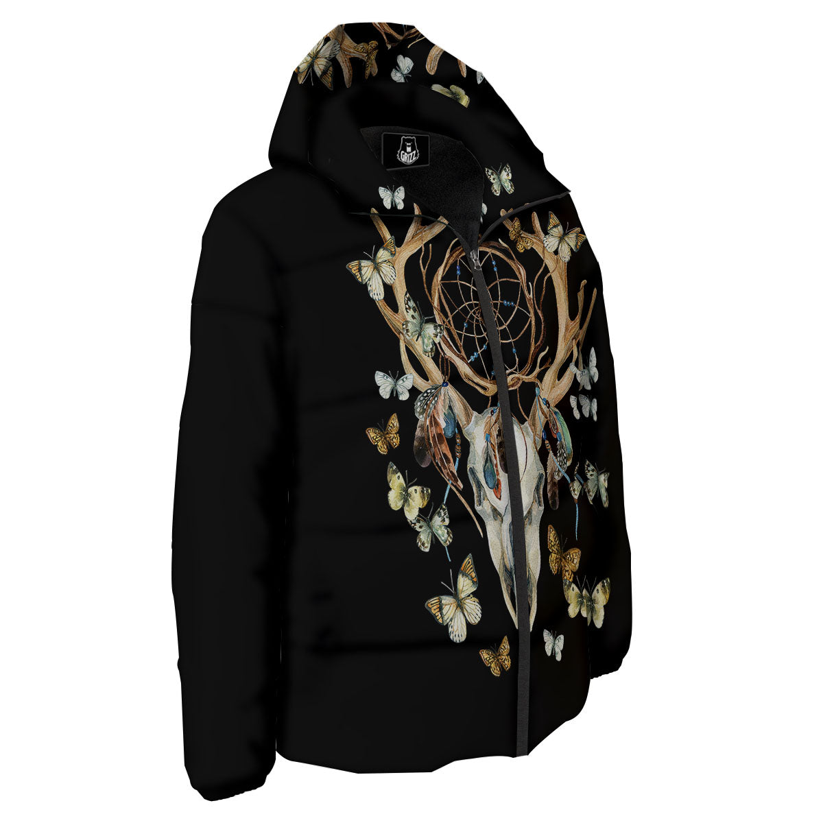 Skull Dreamcatcher Deer Print Down Jacket-grizzshop