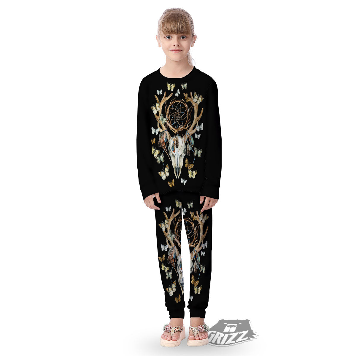 Skull Dreamcatcher Deer Print Kid's Pajamas-grizzshop