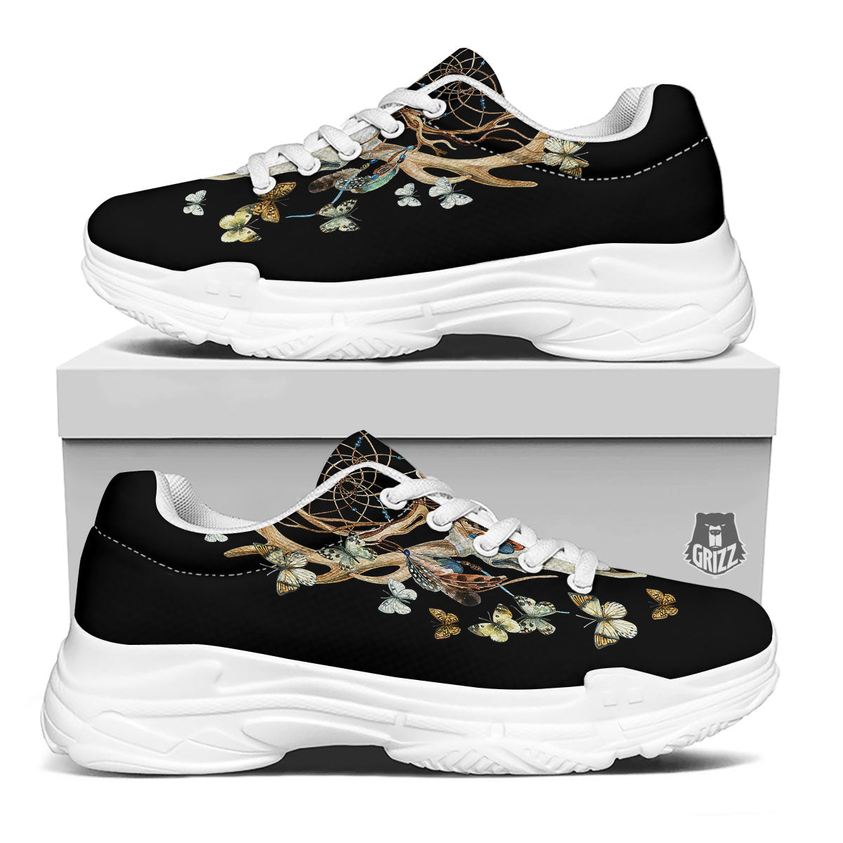 Skull Dreamcatcher Deer Print White Chunky Shoes-grizzshop