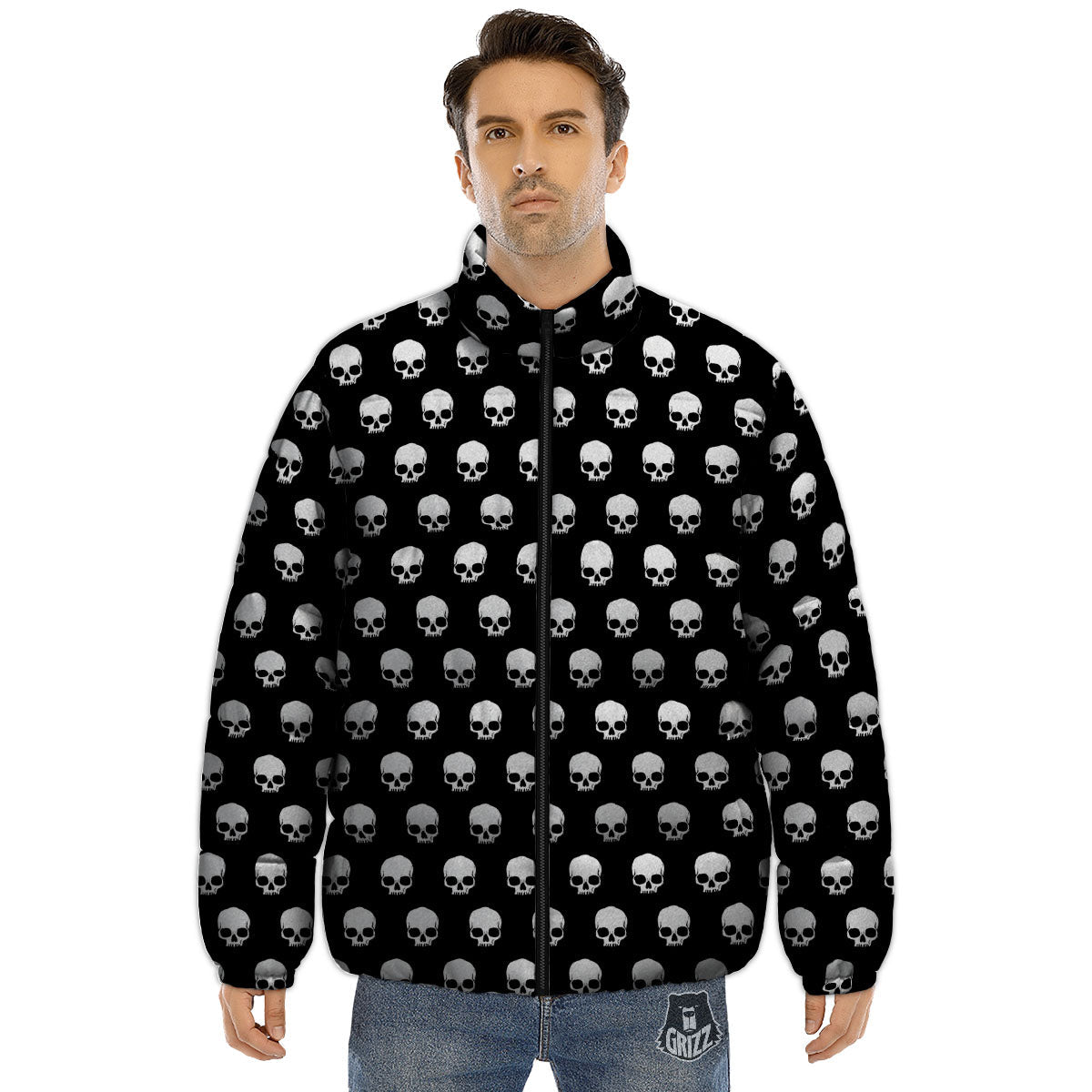 Skull Emo Print Pattern Puffer Jacket-grizzshop