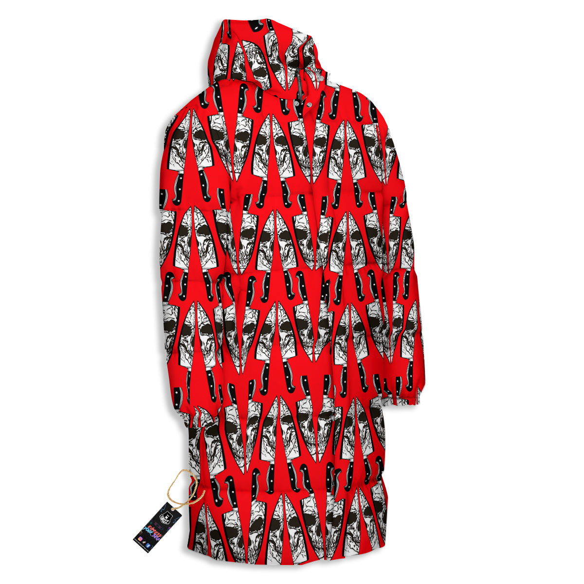 Skull Face Reflection Knife Print Pattern Long Down Jacket-grizzshop
