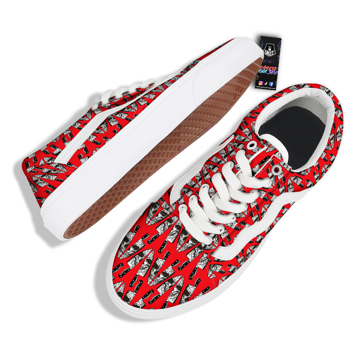 Skull Face Reflection Knife Print Pattern Skate Shoes-grizzshop