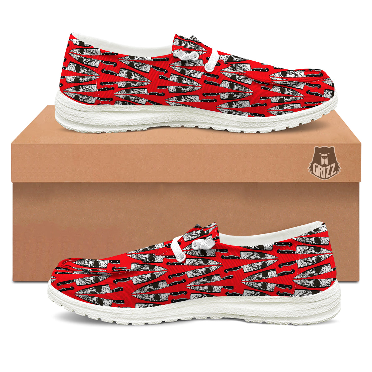 Skull Face Reflection Knife Print Pattern White Loafers-grizzshop